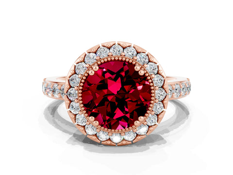 Rose gold Round Cut Garnet Halo Ring with Pavé Band and Prong Setting