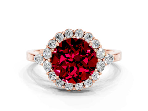 Rose gold Round Cut Garnet Halo Ring with Pear Side Stones and Prong Setting_12