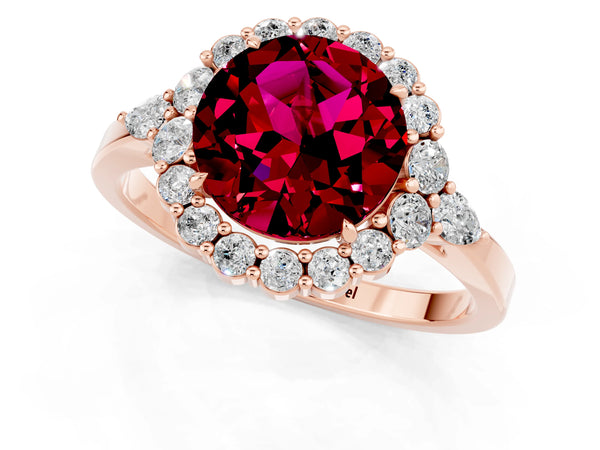 Rose gold Round Cut Garnet Halo Ring with Pear Side Stones and Prong Setting