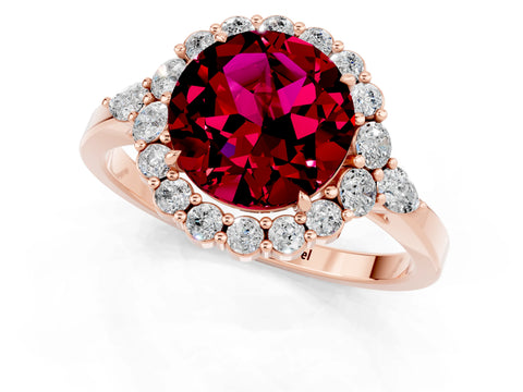 Rose gold Round Cut Garnet Halo Ring with Pear Side Stones and Prong Setting_13