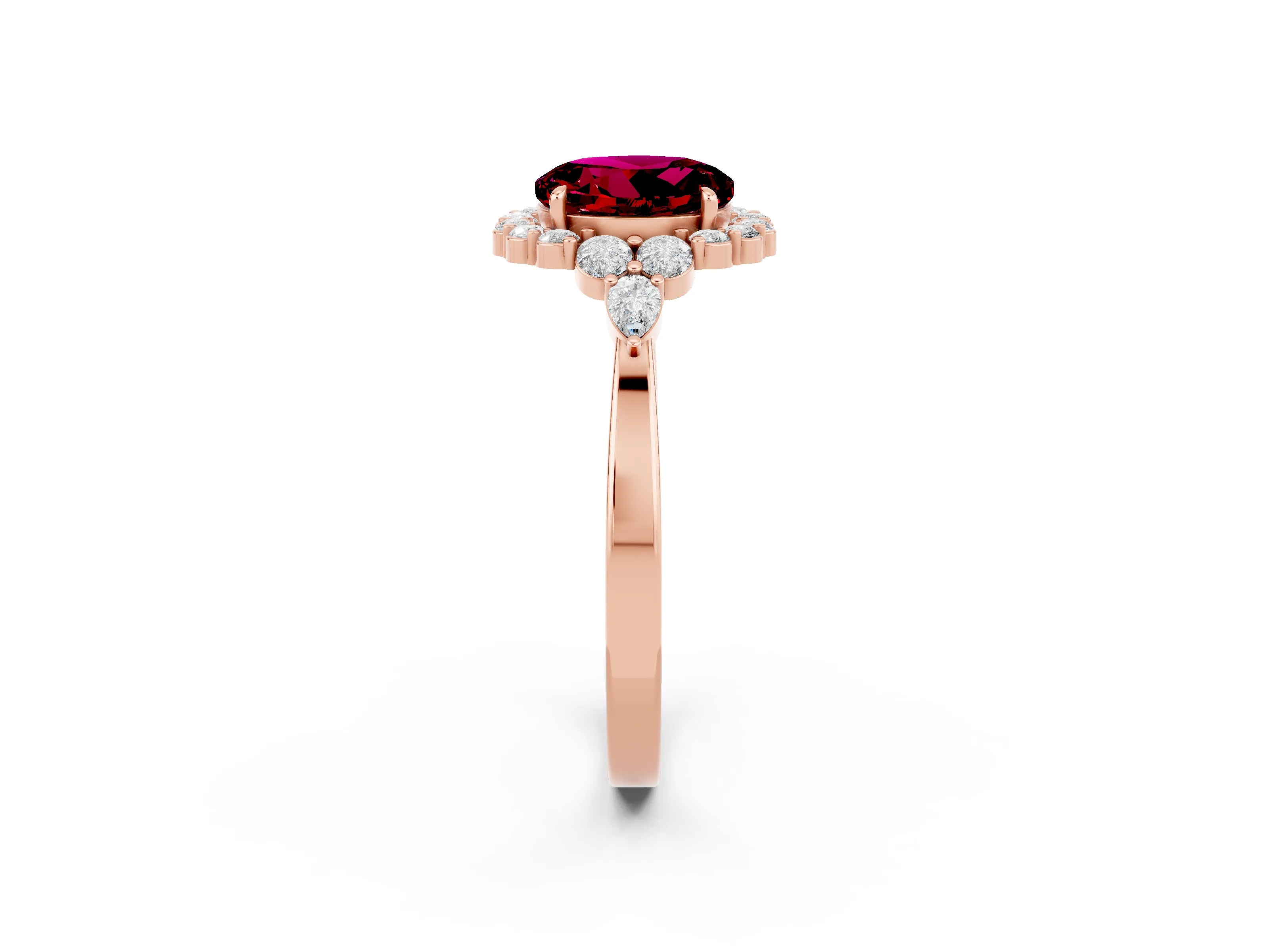 Rose gold Round Cut Garnet Halo Ring with Pear Side Stones and Prong Setting_14