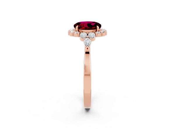 Rose gold Round Cut Garnet Halo Ring with Pear Side Stones and Prong Setting