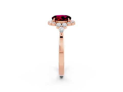 Rose gold Round Cut Garnet Halo Ring with Pear Side Stones and Prong Setting_14