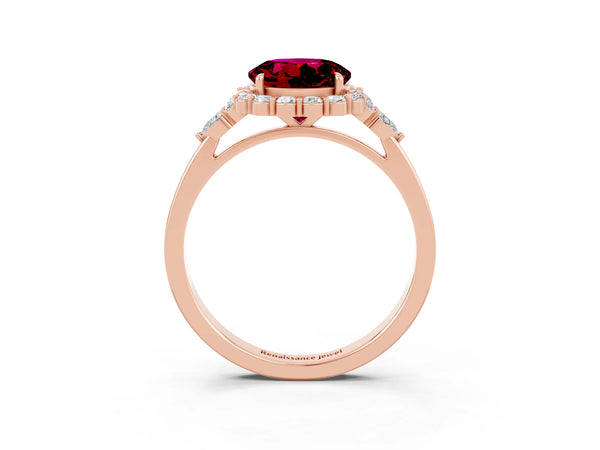 Rose gold Round Cut Garnet Halo Ring with Pear Side Stones and Prong Setting