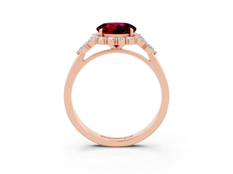 Rose gold Round Cut Garnet Halo Ring with Pear Side Stones and Prong Setting_15