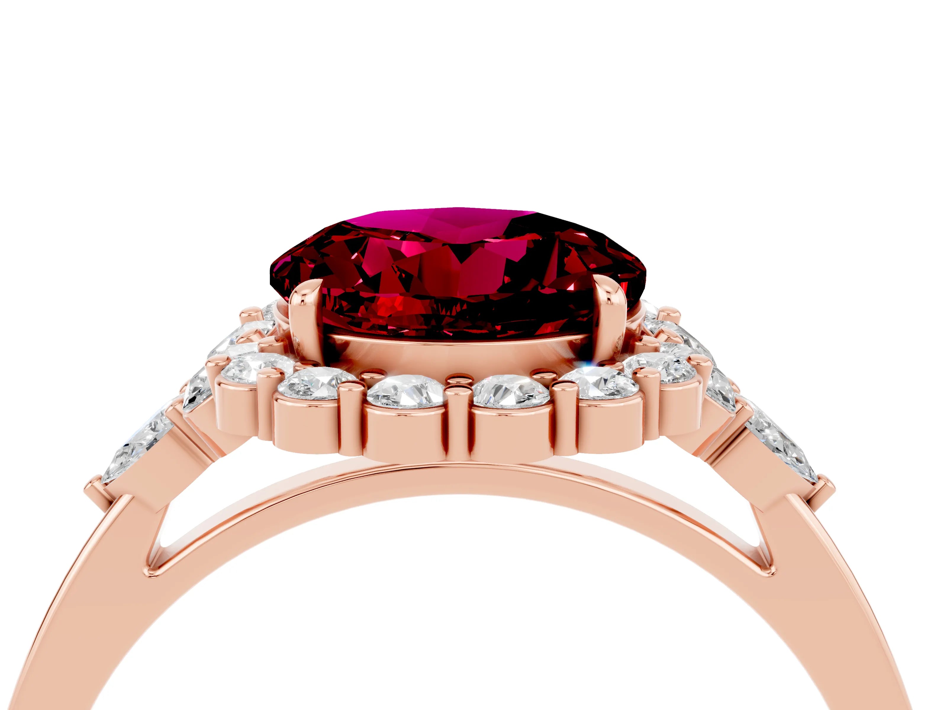 Rose gold Round Cut Garnet Halo Ring with Pear Side Stones and Prong Setting_16