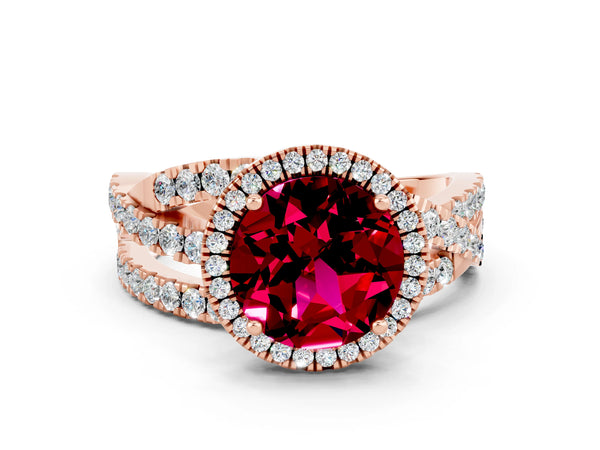 Rose gold Round Cut Garnet Halo Ring with Round Split Shank and Prong Setting