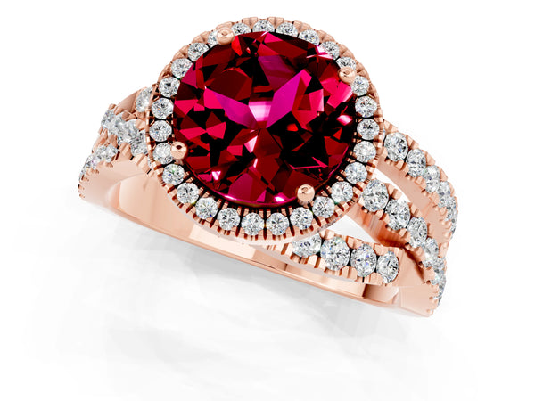 Rose gold Round Cut Garnet Halo Ring with Round Split Shank and Prong Setting