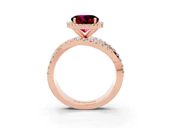 Rose gold Round Cut Garnet Halo Ring with Round Split Shank and Prong Setting
