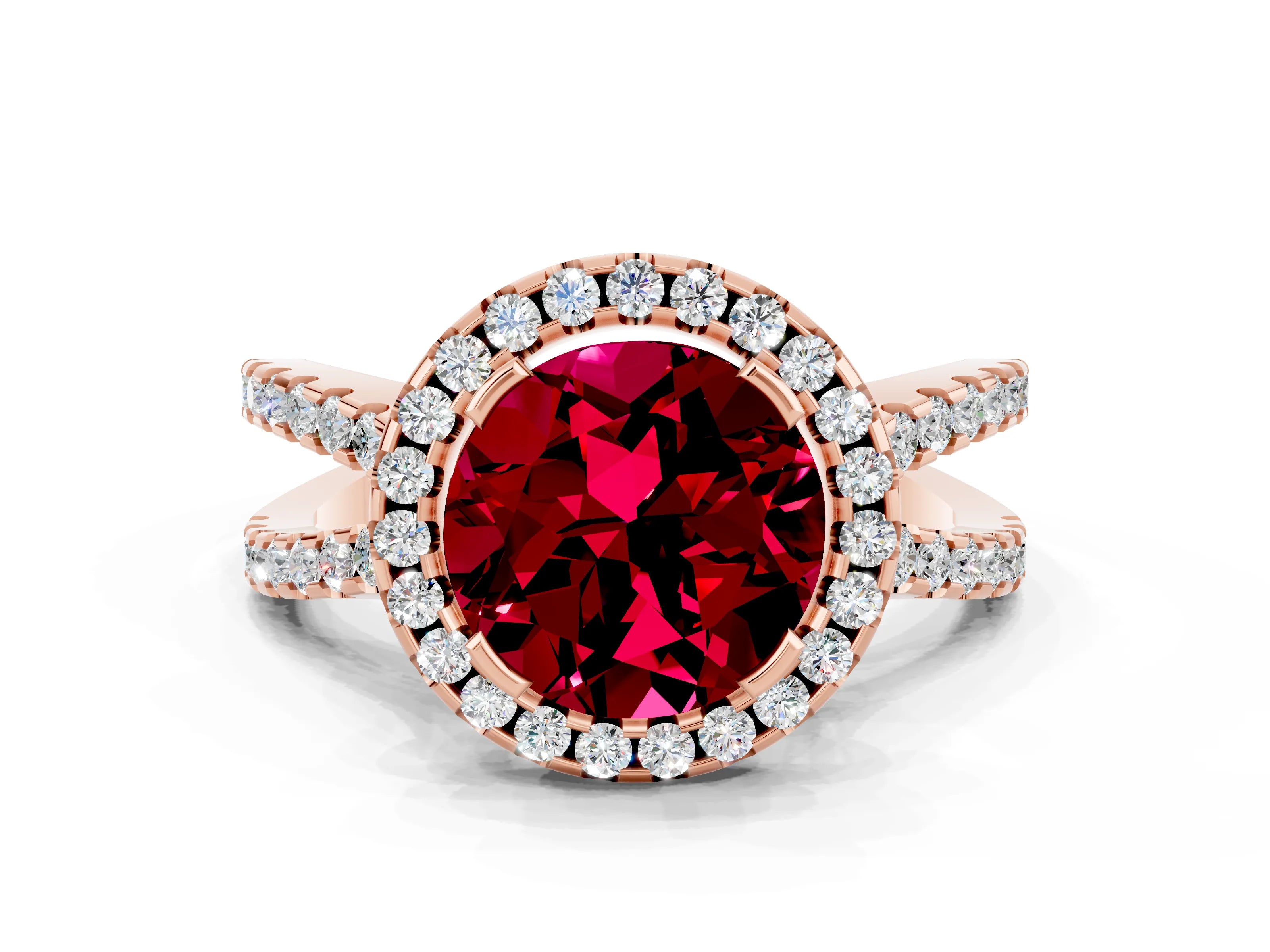 Rose gold Round Cut Garnet Halo Ring with Split Shank Pavé Band and Prong Setting