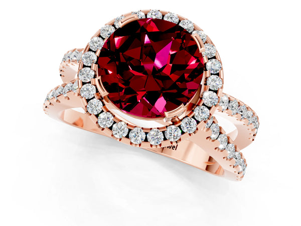 Rose gold Round Cut Garnet Halo Ring with Split Shank Pavé Band and Prong Setting