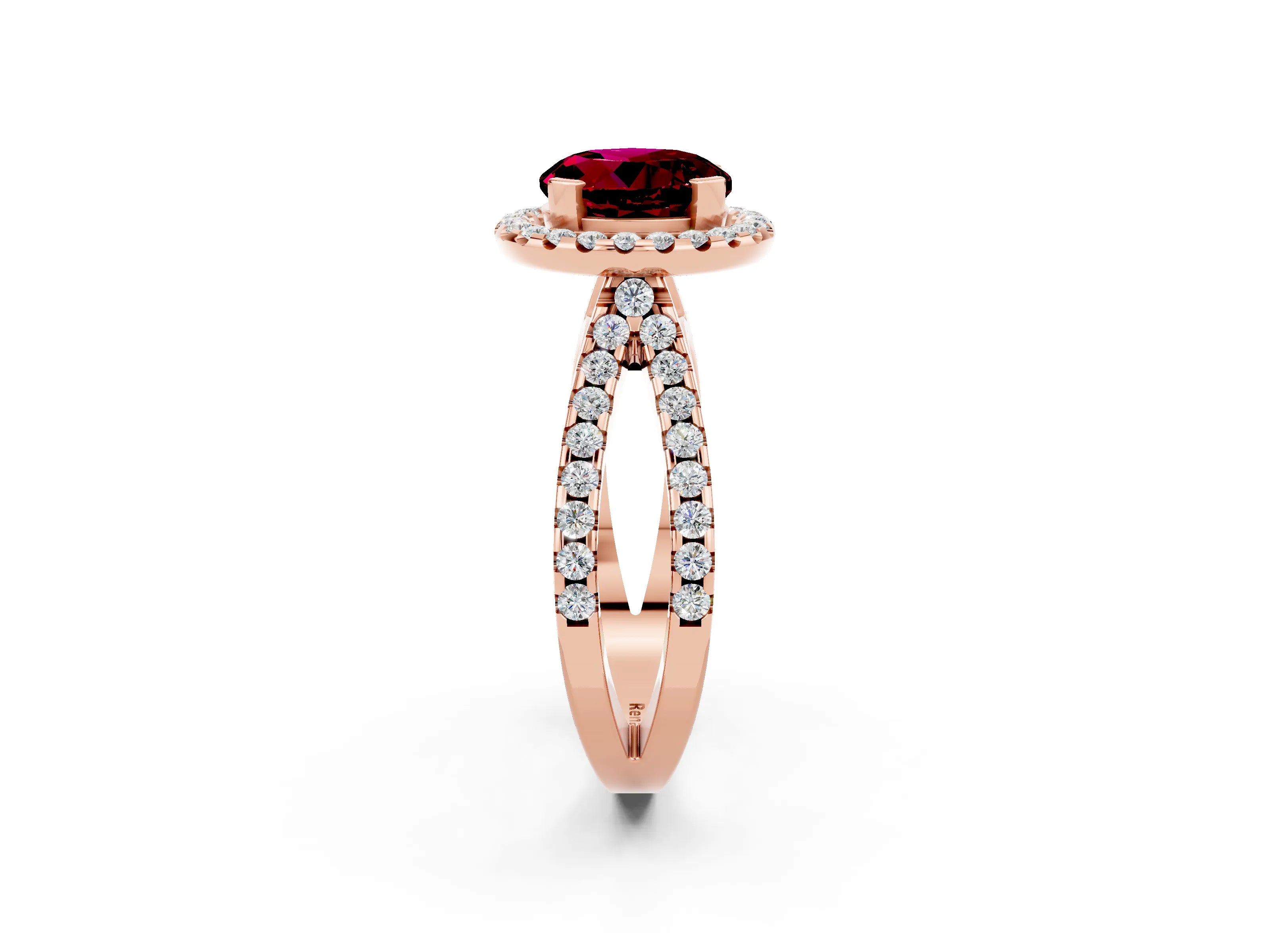 Rose gold Round Cut Garnet Halo Ring with Split Shank Pavé Band and Prong Setting_2