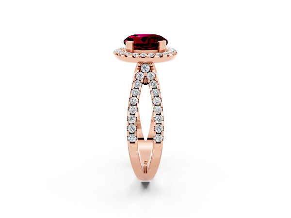 Rose gold Round Cut Garnet Halo Ring with Split Shank Pavé Band and Prong Setting