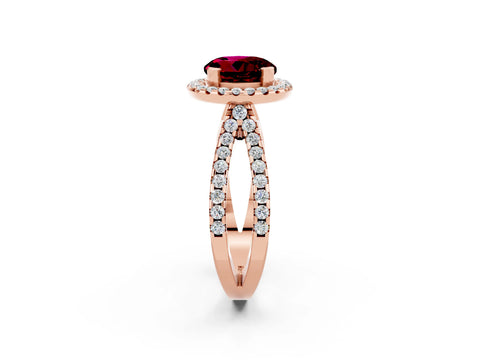 Rose gold Round Cut Garnet Halo Ring with Split Shank Pavé Band and Prong Setting_2