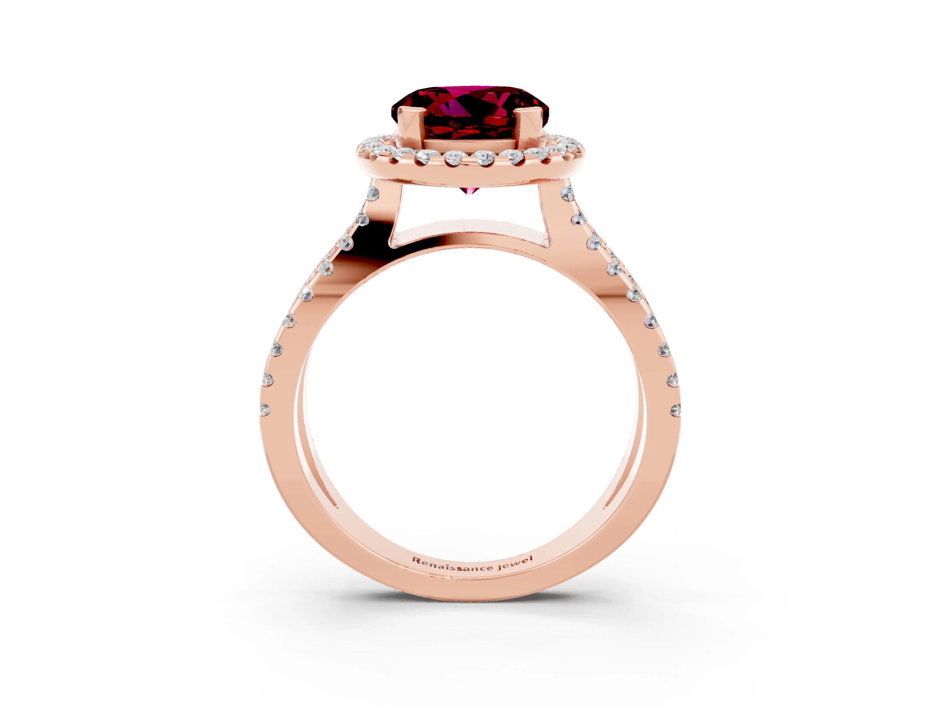 Rose gold Round Cut Garnet Halo Ring with Split Shank Pavé Band and Prong Setting_3