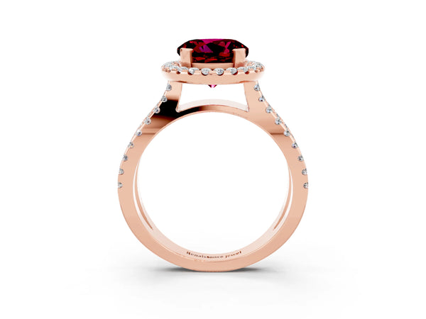 Rose gold Round Cut Garnet Halo Ring with Split Shank Pavé Band and Prong Setting