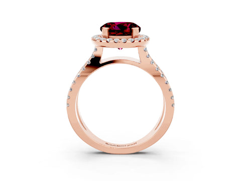 Rose gold Round Cut Garnet Halo Ring with Split Shank Pavé Band and Prong Setting_3