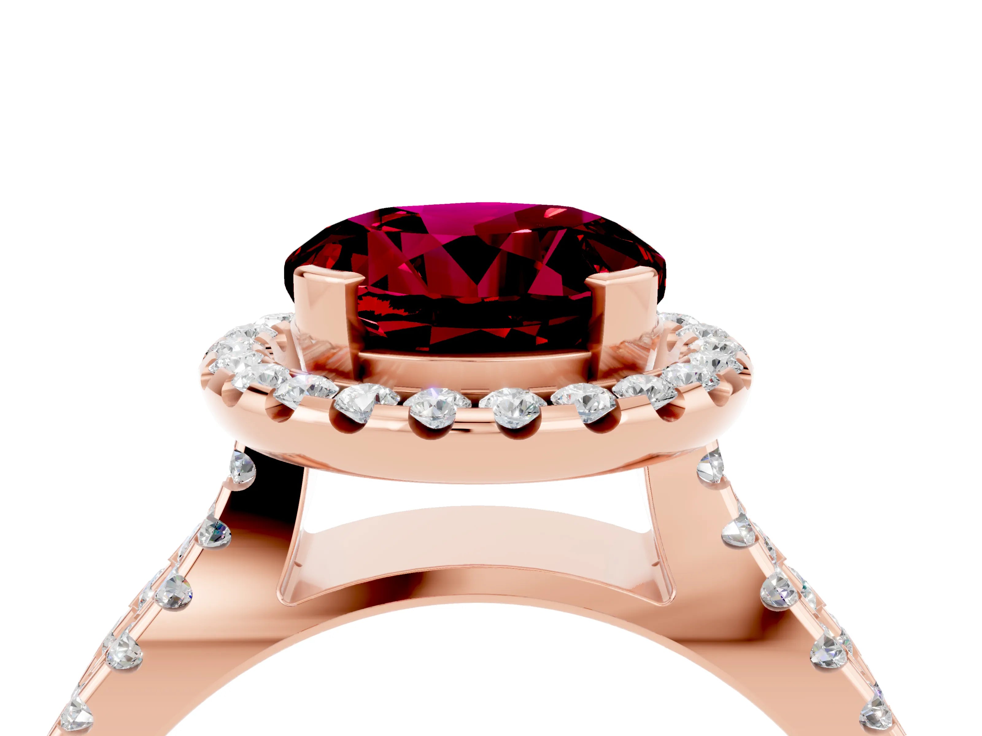 Rose gold Round Cut Garnet Halo Ring with Split Shank Pavé Band and Prong Setting_4