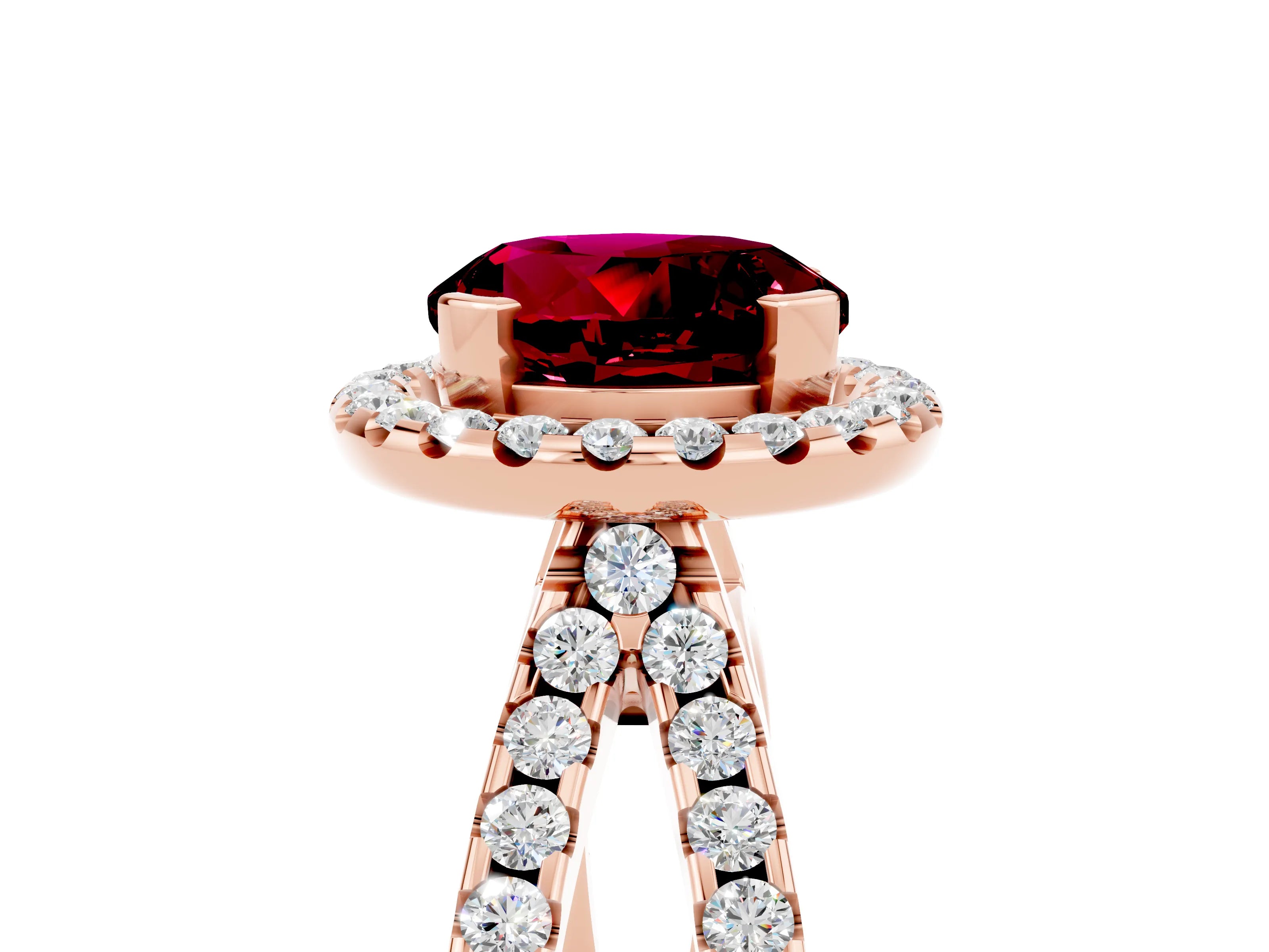 Rose gold Round Cut Garnet Halo Ring with Split Shank Pavé Band and Prong Setting_5