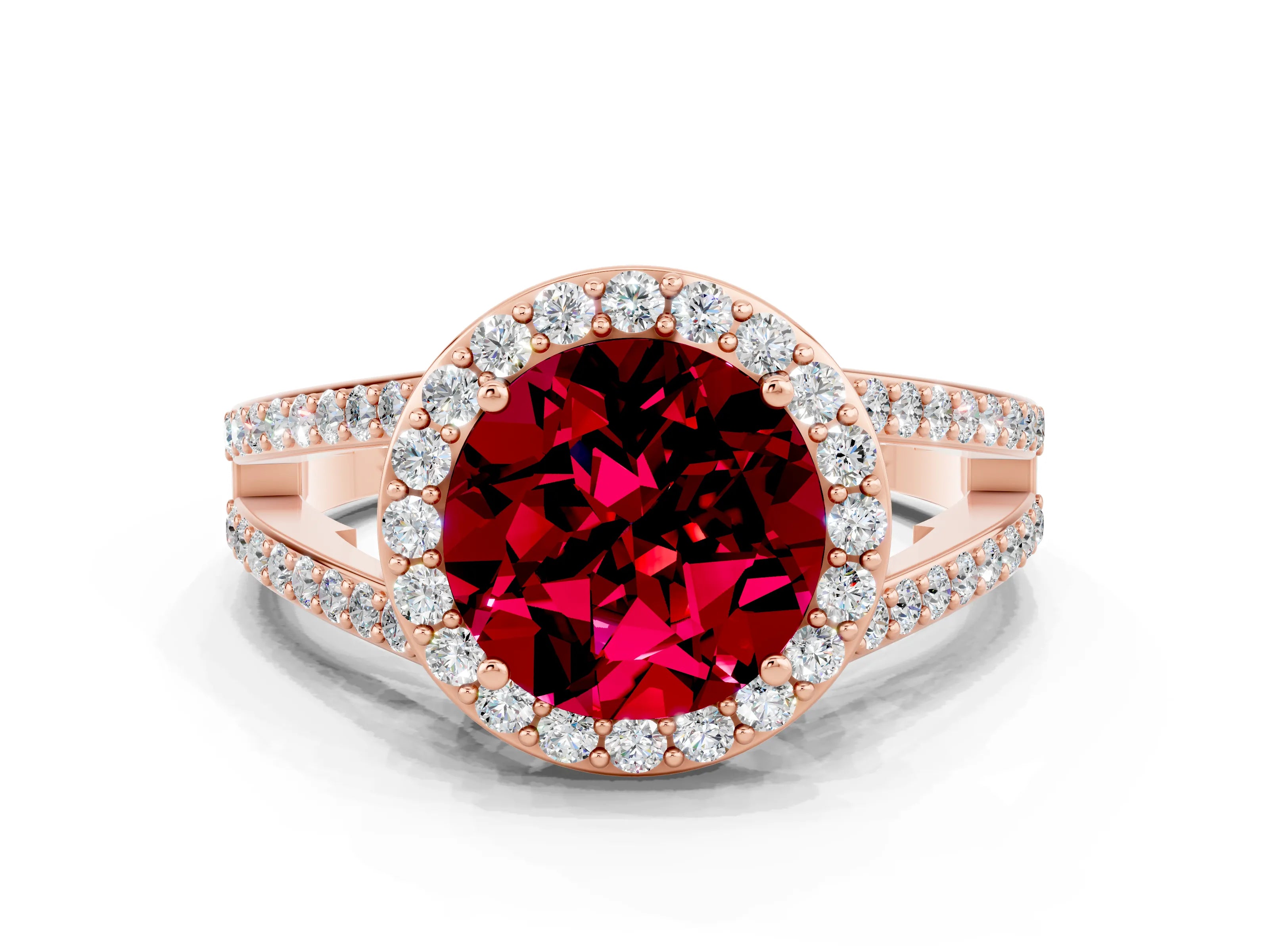 Rose gold Round Cut Garnet Halo Ring with Split Shank U-Prong Band and Four-Prong Setting