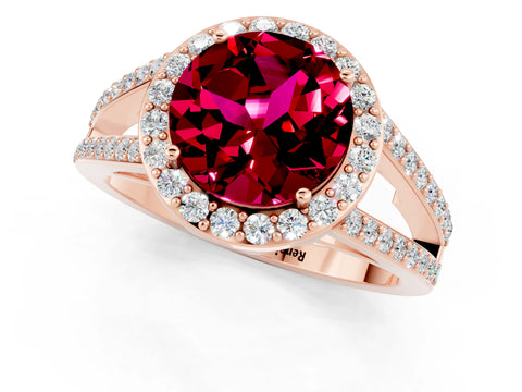 Rose gold Round Cut Garnet Halo Ring with Split Shank U-Prong Band and Four-Prong Setting_1