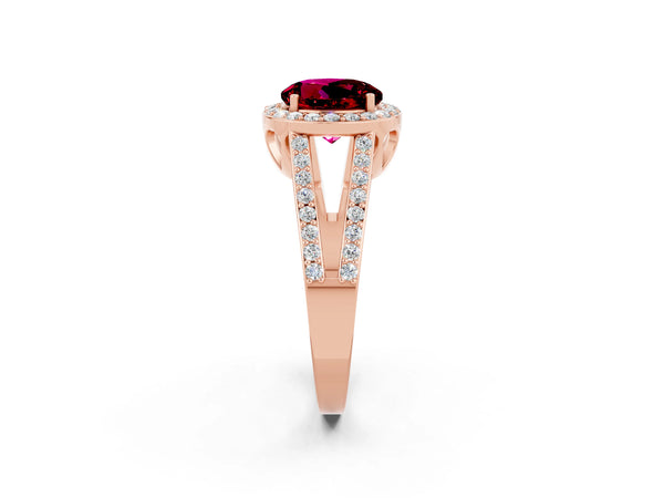 Rose gold Round Cut Garnet Halo Ring with Split Shank U-Prong Band and Four-Prong Setting