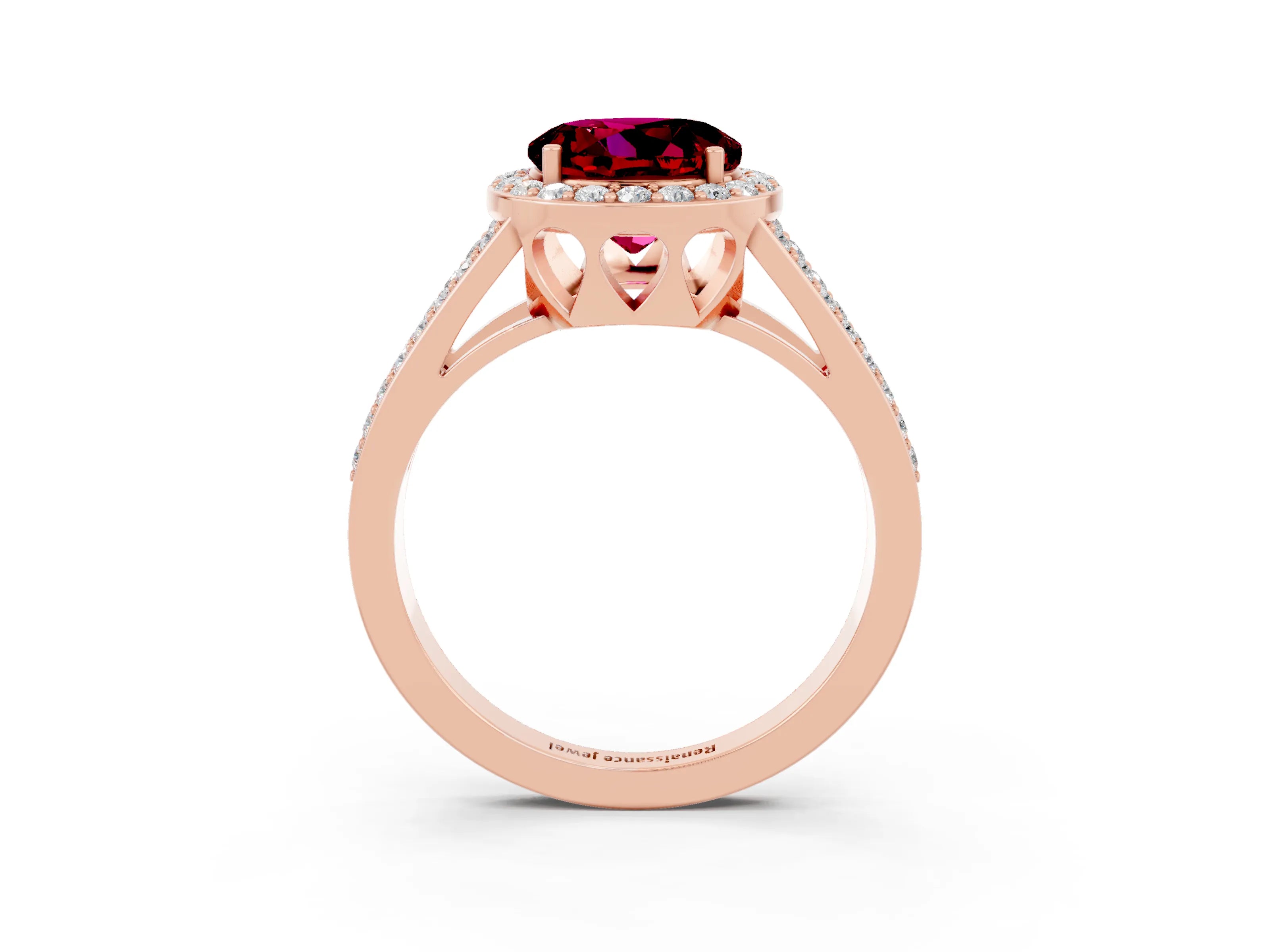 Rose gold Round Cut Garnet Halo Ring with Split Shank U-Prong Band and Four-Prong Setting_3