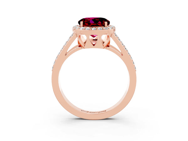 Rose gold Round Cut Garnet Halo Ring with Split Shank U-Prong Band and Four-Prong Setting