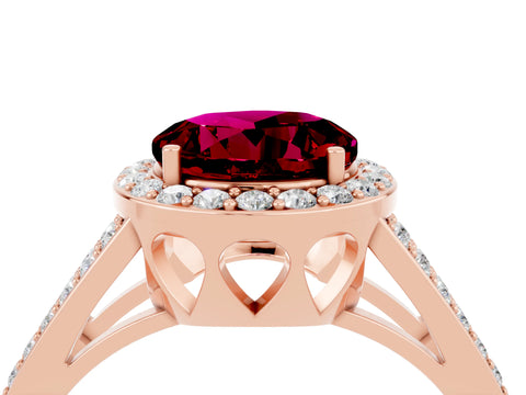 Rose gold Round Cut Garnet Halo Ring with Split Shank U-Prong Band and Four-Prong Setting_4
