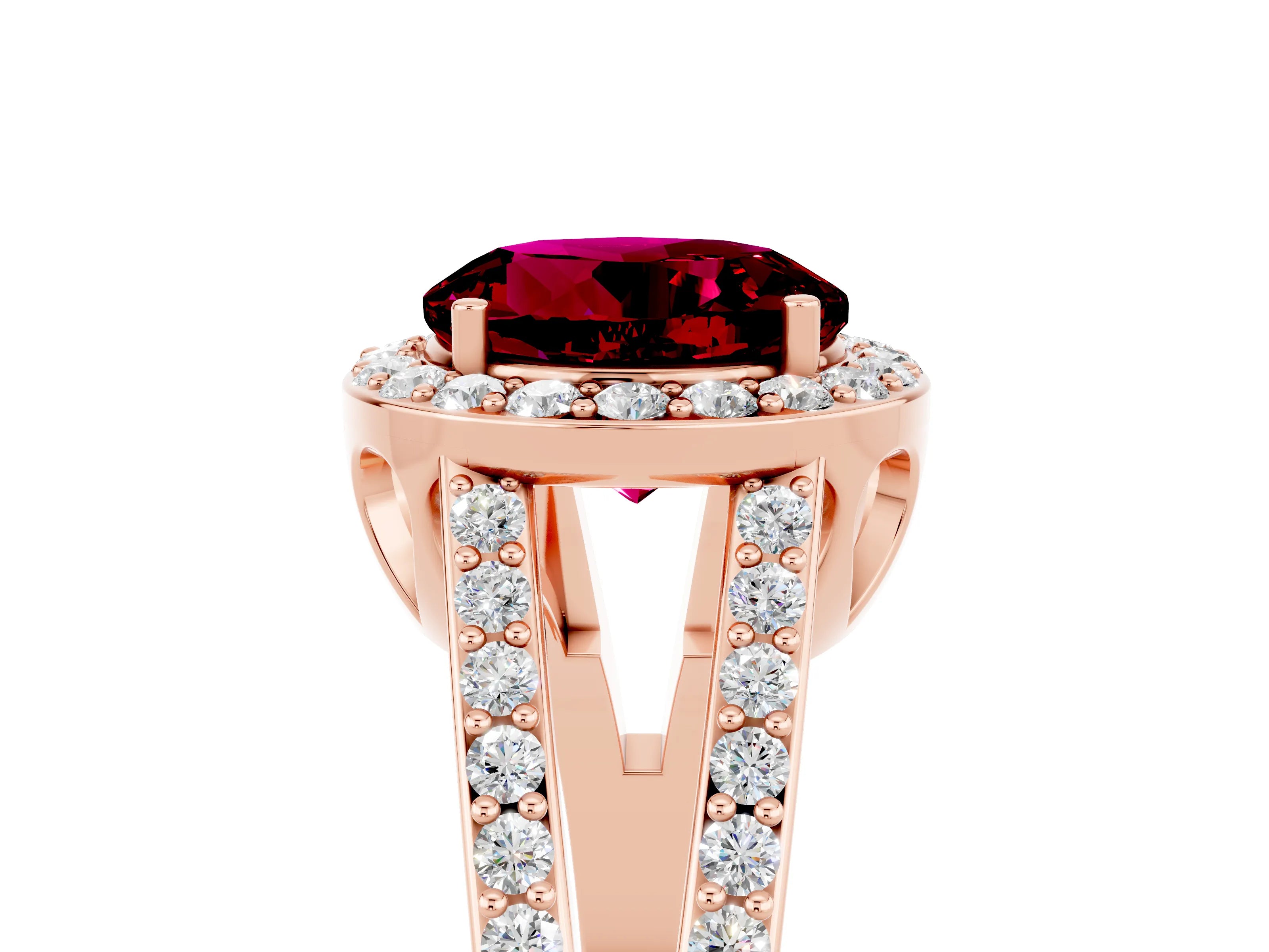 Rose gold Round Cut Garnet Halo Ring with Split Shank U-Prong Band and Four-Prong Setting_5