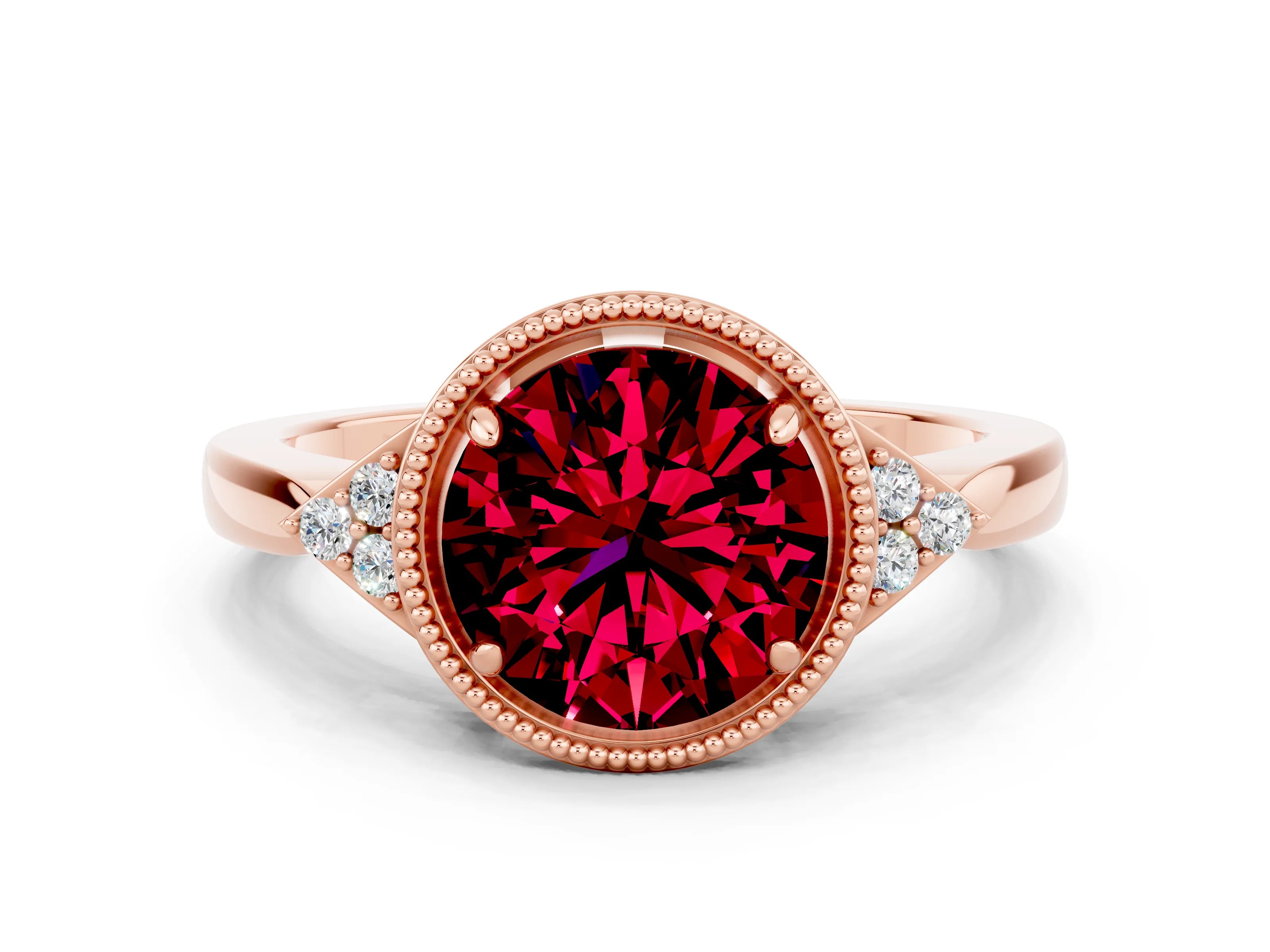 Rose gold Round Cut Garnet Halo Ring with Tapered Band and Four-Prong Setting