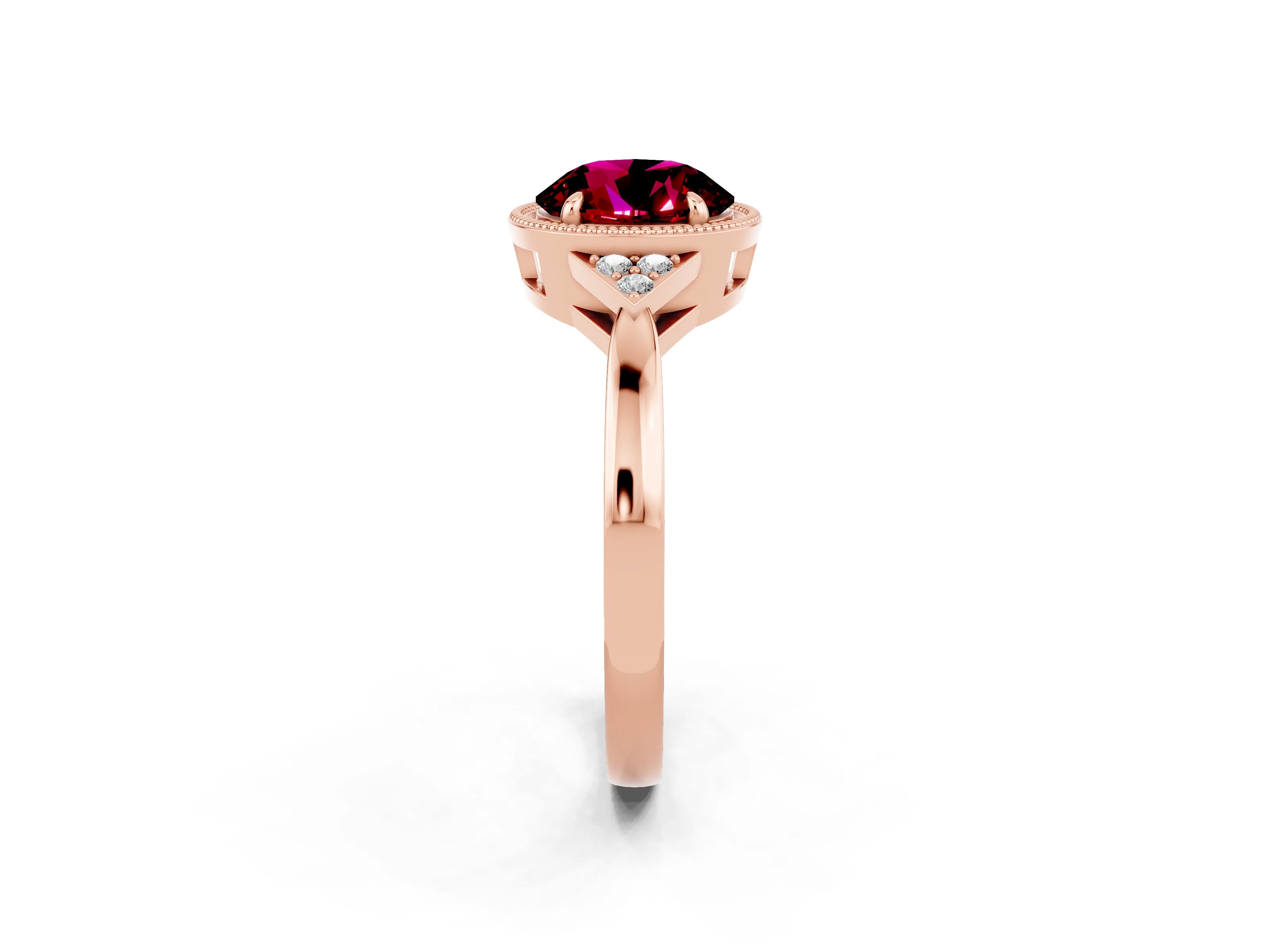 Rose gold Round Cut Garnet Halo Ring with Tapered Band and Four-Prong Setting_2