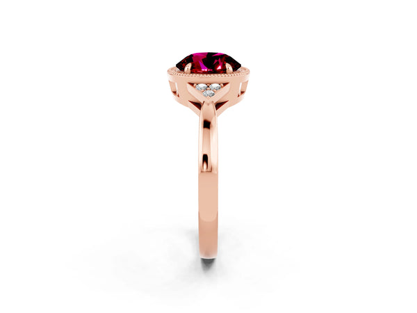 Rose gold Round Cut Garnet Halo Ring with Tapered Band and Four-Prong Setting