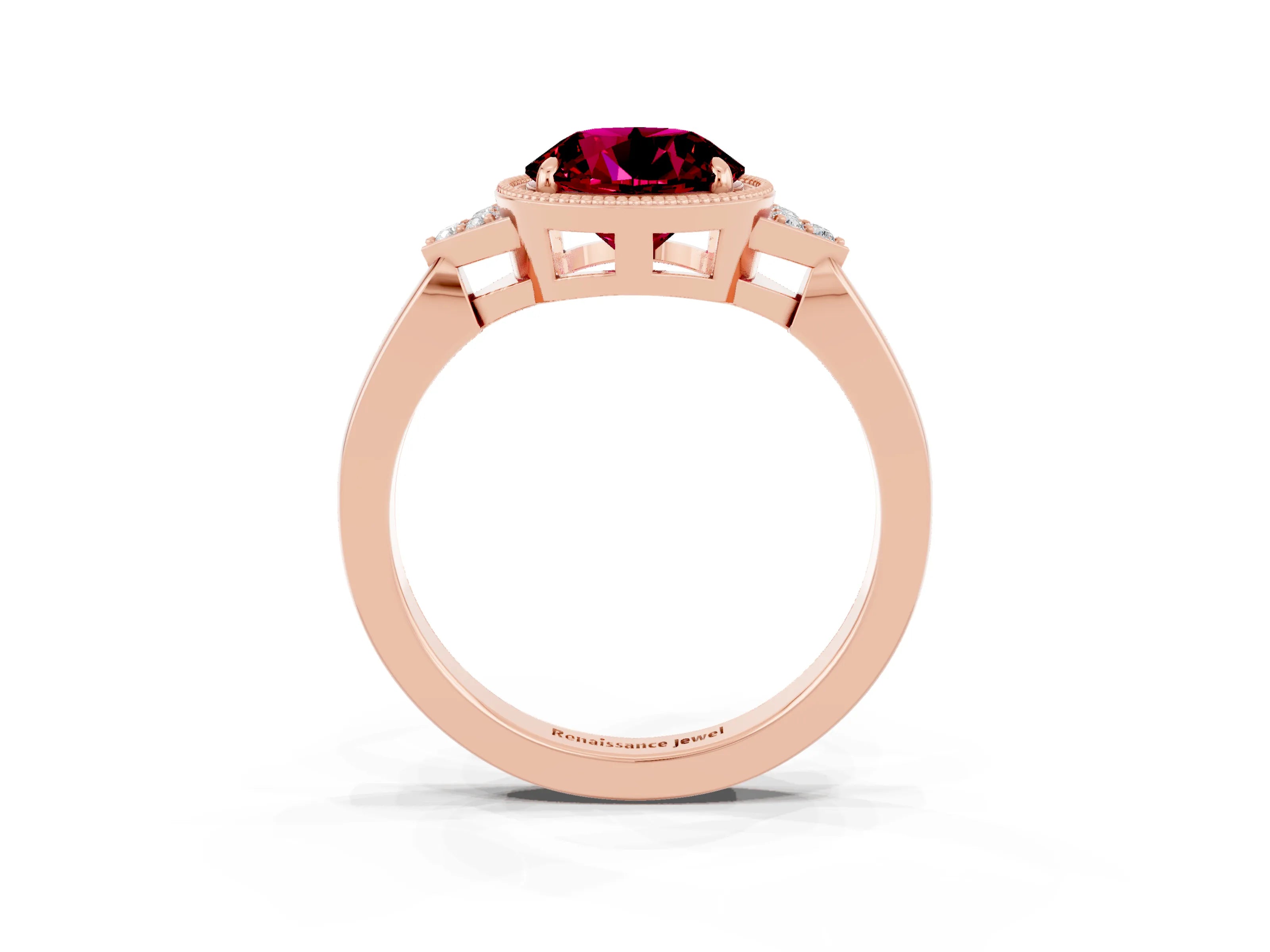 Rose gold Round Cut Garnet Halo Ring with Tapered Band and Four-Prong Setting_3