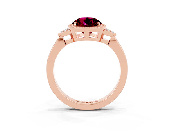 Rose gold Round Cut Garnet Halo Ring with Tapered Band and Four-Prong Setting