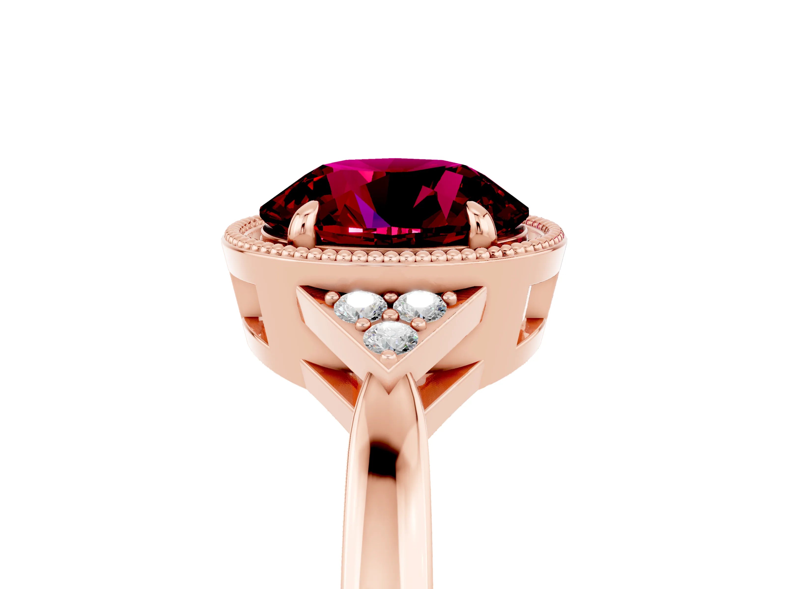 Rose gold Round Cut Garnet Halo Ring with Tapered Band and Four-Prong Setting_5