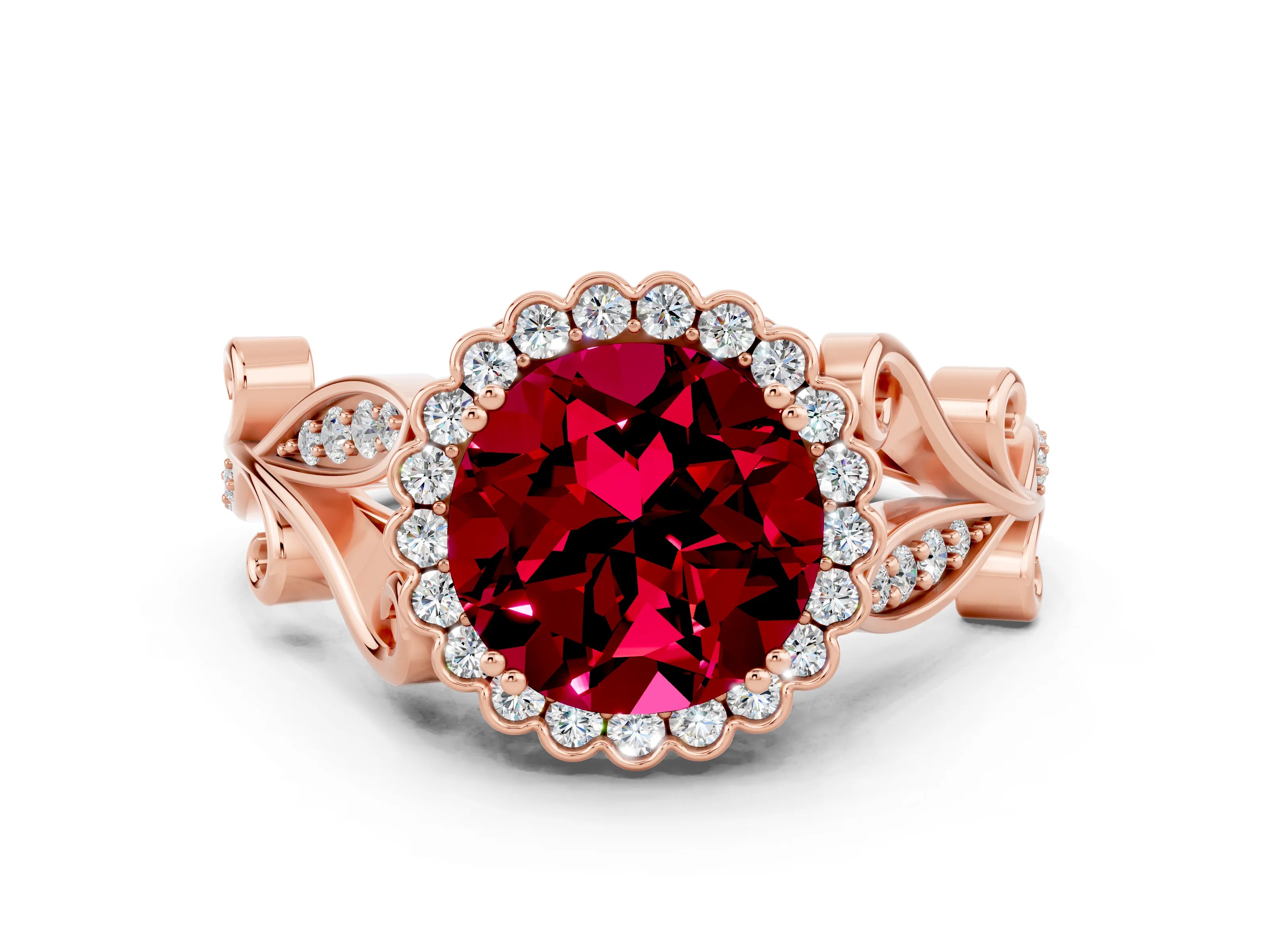 Rose gold Round Cut Garnet Halo Ring with Vintage Split Shank and Four-Prong Setting_34
