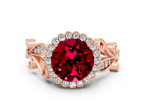 Rose gold Round Cut Garnet Halo Ring with Vintage Split Shank and Four-Prong Setting_34