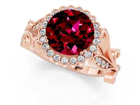 Rose gold Round Cut Garnet Halo Ring with Vintage Split Shank and Four-Prong Setting_35