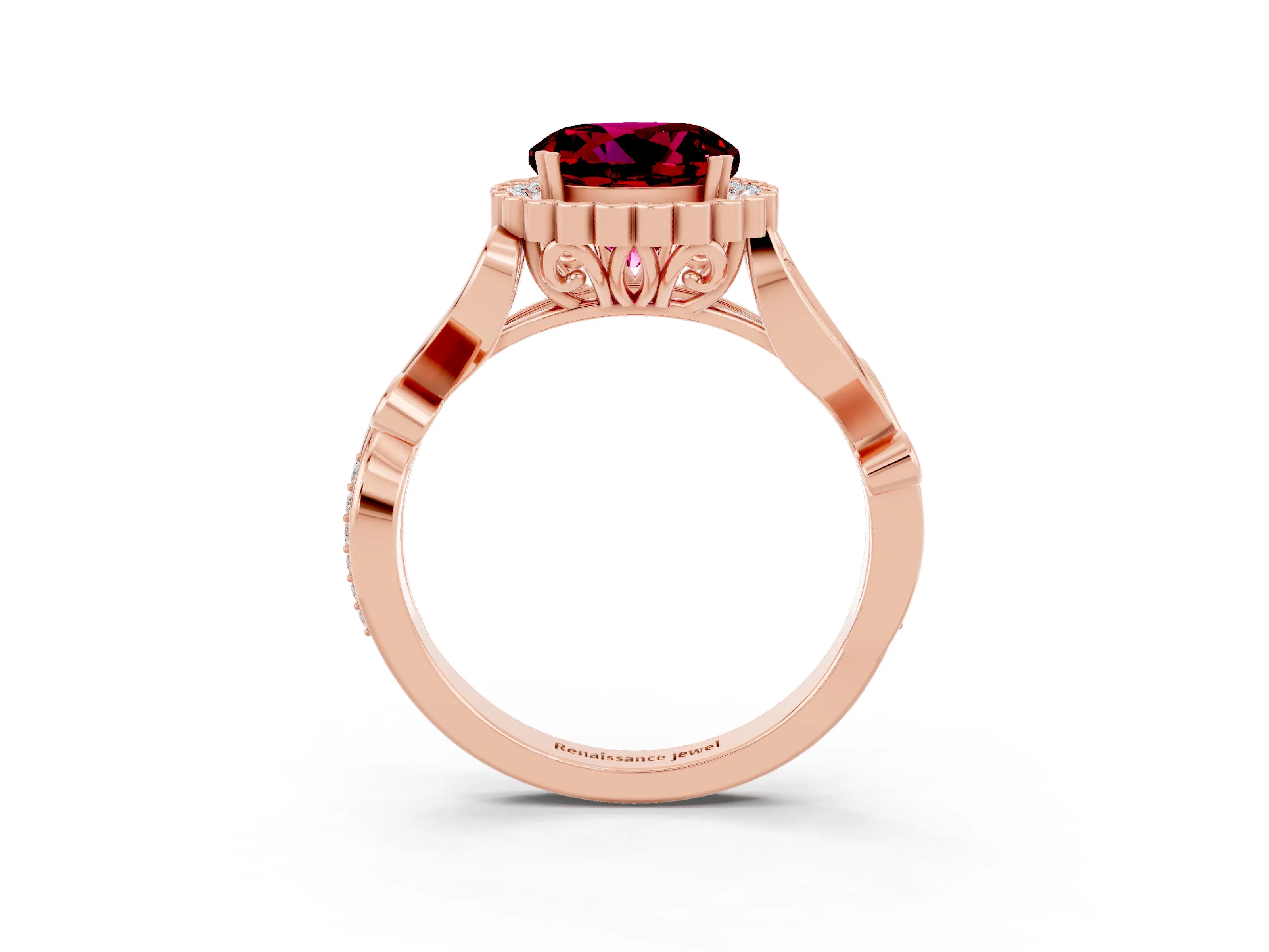 Rose gold Round Cut Garnet Halo Ring with Vintage Split Shank and Four-Prong Setting_37