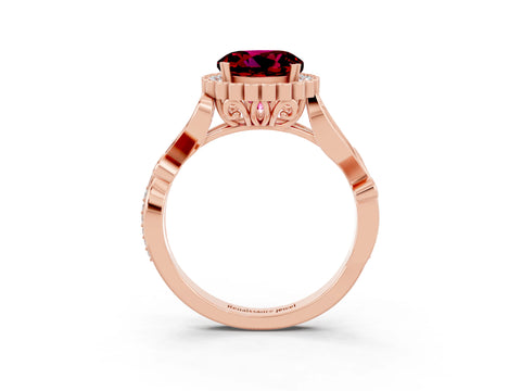 Rose gold Round Cut Garnet Halo Ring with Vintage Split Shank and Four-Prong Setting_37