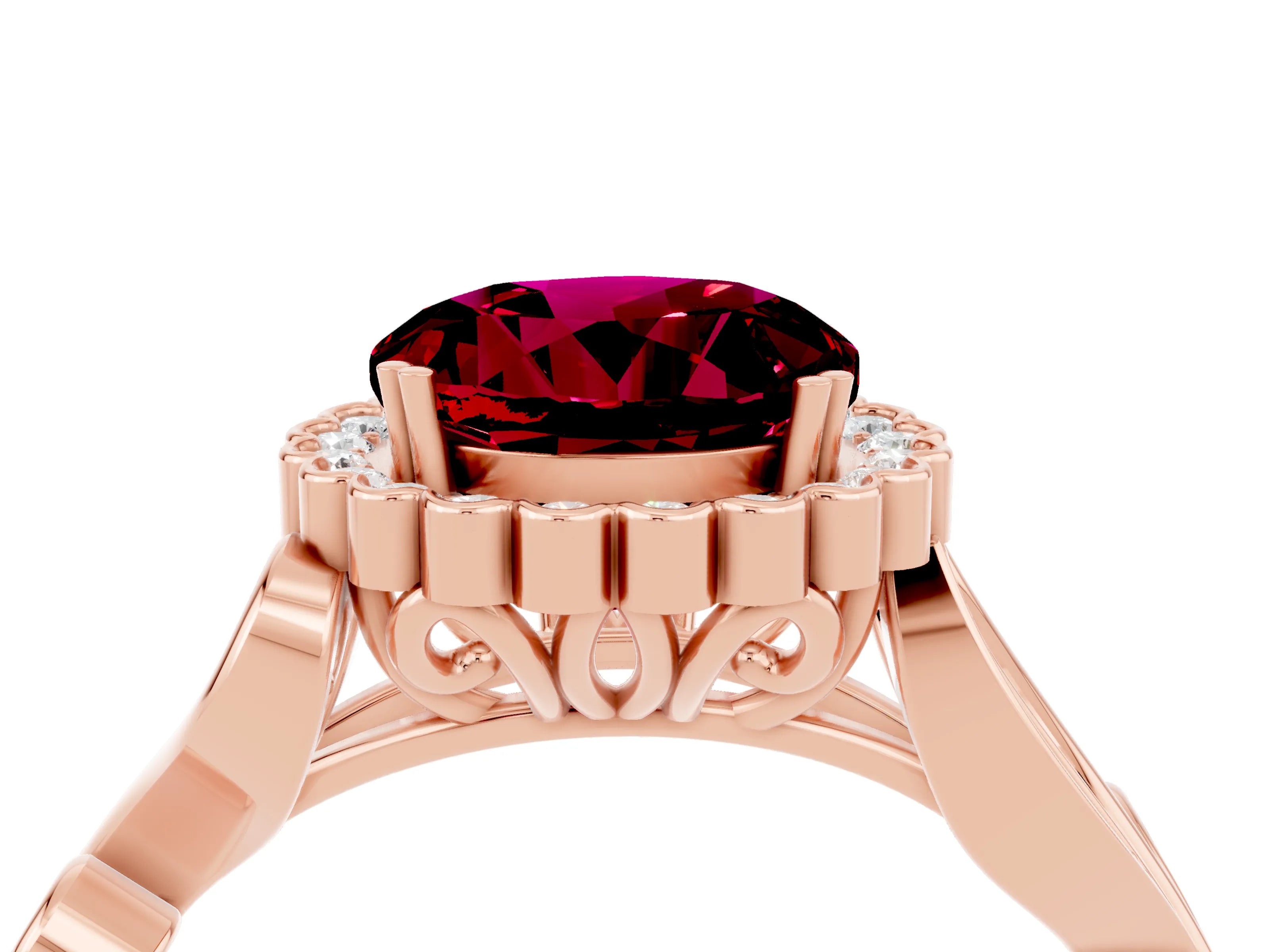Rose gold Round Cut Garnet Halo Ring with Vintage Split Shank and Four-Prong Setting_38
