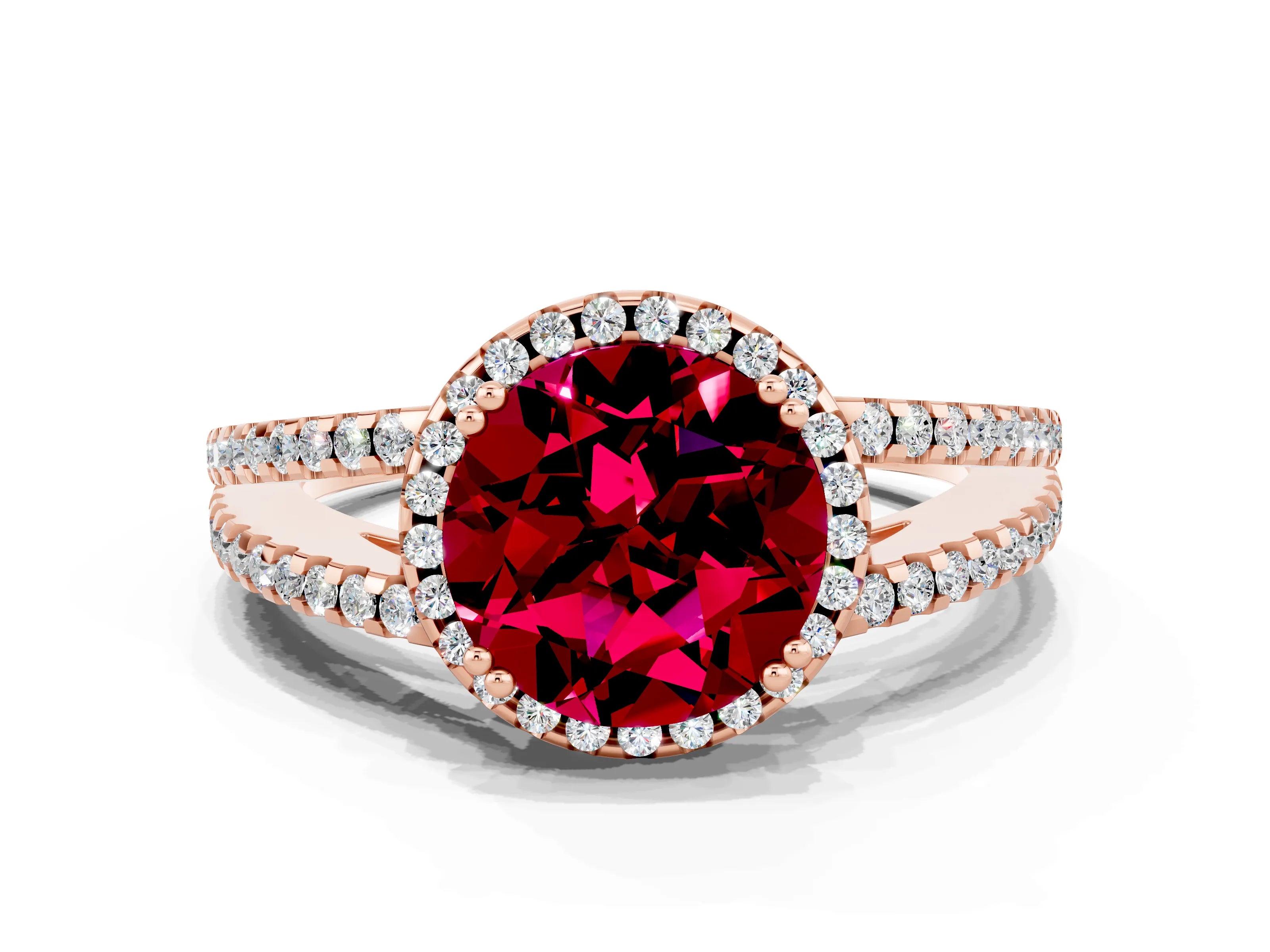 Rose gold Round Cut Garnet Halo Split Shank Engagement Ring_12