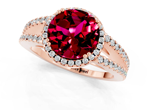 Rose gold Round Cut Garnet Halo Split Shank Engagement Ring