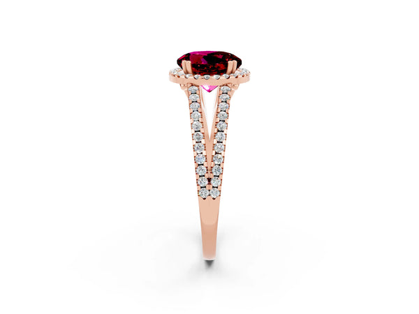 Rose gold Round Cut Garnet Halo Split Shank Engagement Ring
