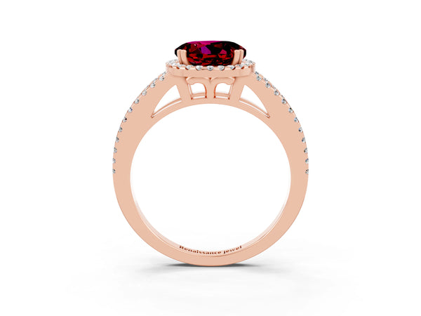 Rose gold Round Cut Garnet Halo Split Shank Engagement Ring