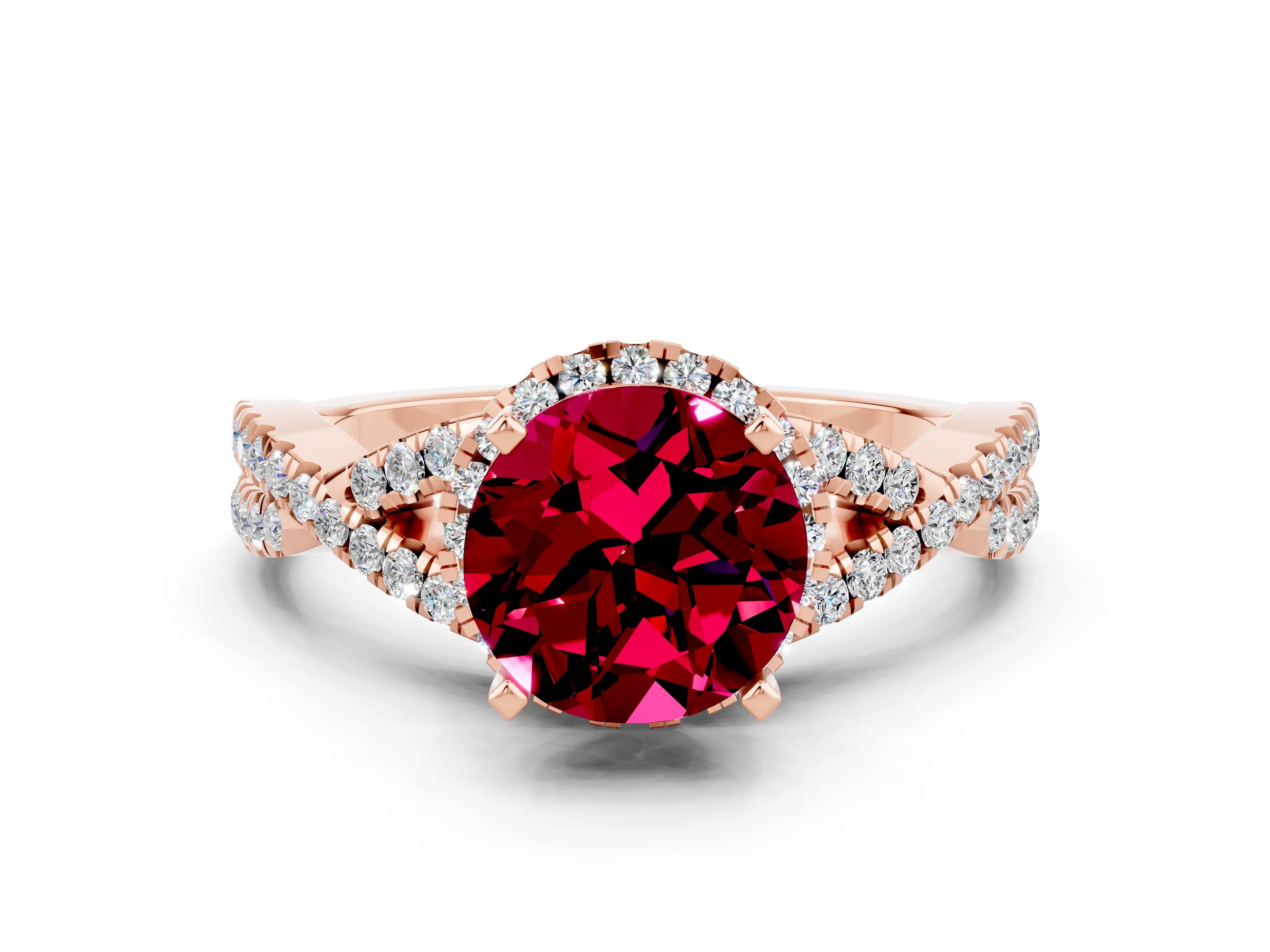 Rose gold Round Cut Garnet Halo Twist Band Solitaire Prong Setting Ring