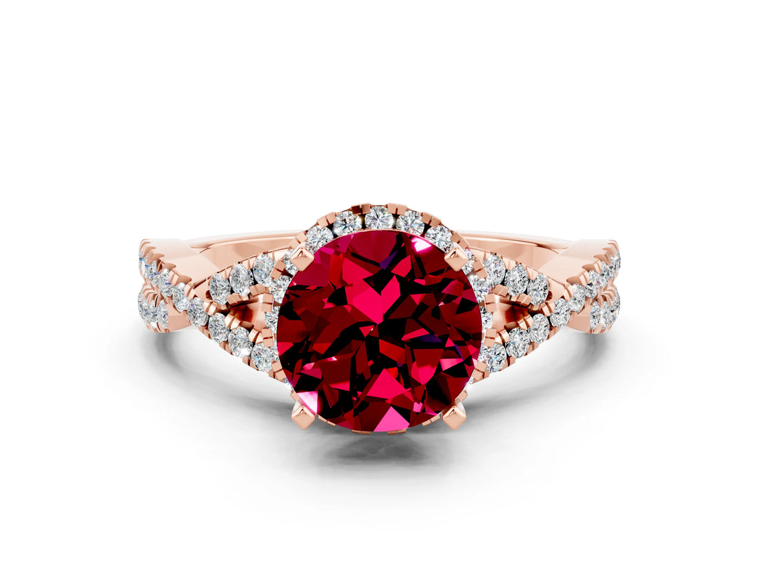 Rose gold Round Cut Garnet Halo Twist Band Solitaire Prong Setting Ring