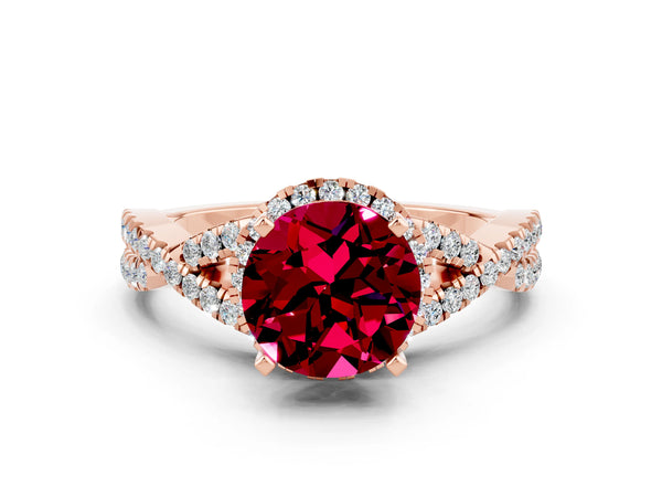 Rose gold Round Cut Garnet  Halo Twist Band Solitaire Prong Setting Ring