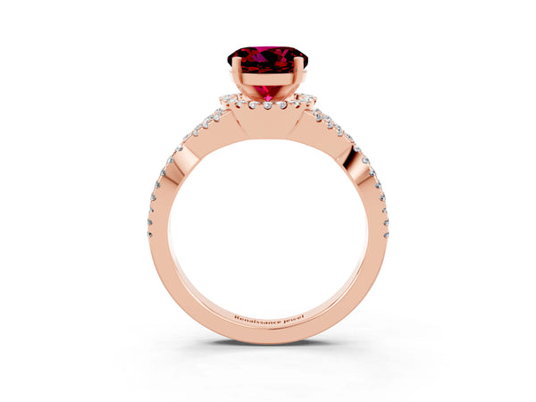 Rose gold Round Cut Garnet  Halo Twist Band Solitaire Prong Setting Ring